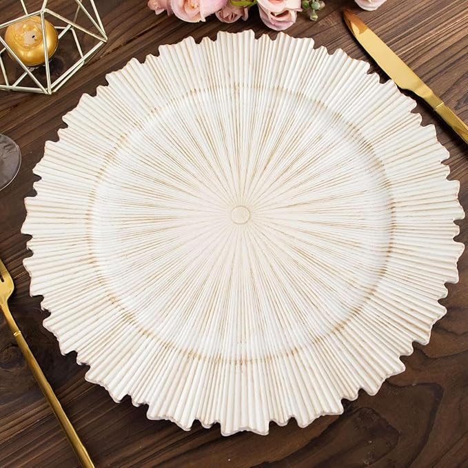 Efavormart 6 Pack | 13" Metallic Antique White Sunray Acrylic Plastic Serving Plates, Round Scalloped Rim Disposable Charger Plates