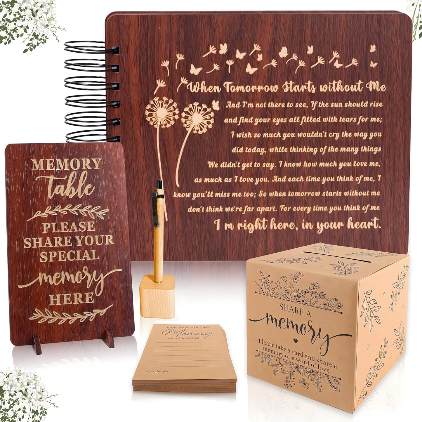PREKIAR Funeral Guest Book Set Wooden Guest Books for Memorial Service Celebration of Life in Loving Memory with 50pcs Share a Memory Card Cards Box Table Sign and Pen (Brown- Guest Book Set #3)