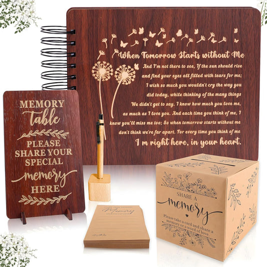 PREKIAR Funeral Guest Book Set Wooden Guest Books for Memorial Service Celebration of Life in Loving Memory with 50pcs Share a Memory Card Cards Box Table Sign and Pen (Brown- Guest Book Set #3)