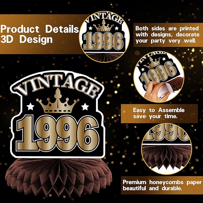 DARUNAXY 30th Birthday Party Decorations for Men Women, Vintage Back in 1996 Banner, Black 30 Number Balloons & Cake Topper, Vintage 1996 30 Birthday Honeycomb Hanging Swirl Confetti Balloons(30PC)