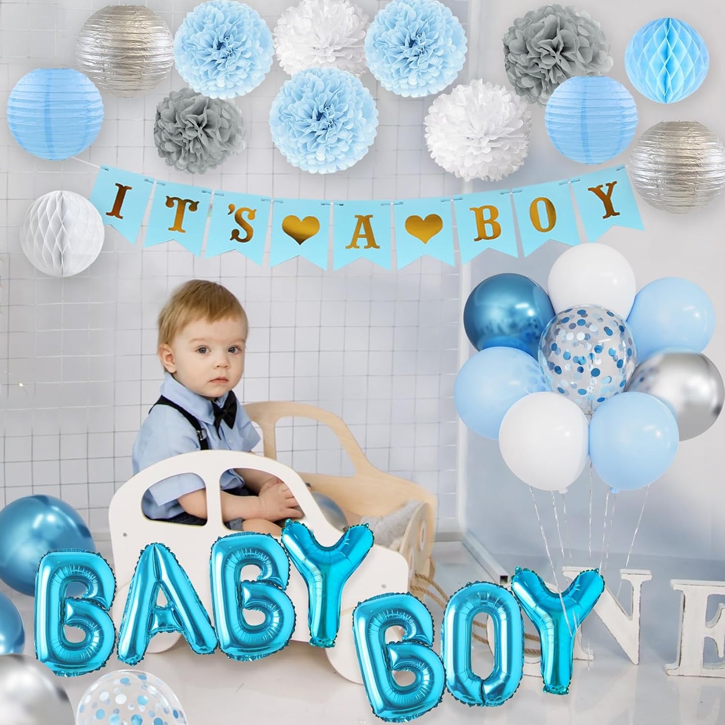 Ouddy Party Blue Baby Shower Decorations with Its a Boy Banner, Baby Boy Letter Metallic Blue Gray Silver Balloon Paper Pom Poms Honeycomb Ball for Baby Shower Gender Reveal Party Supplies