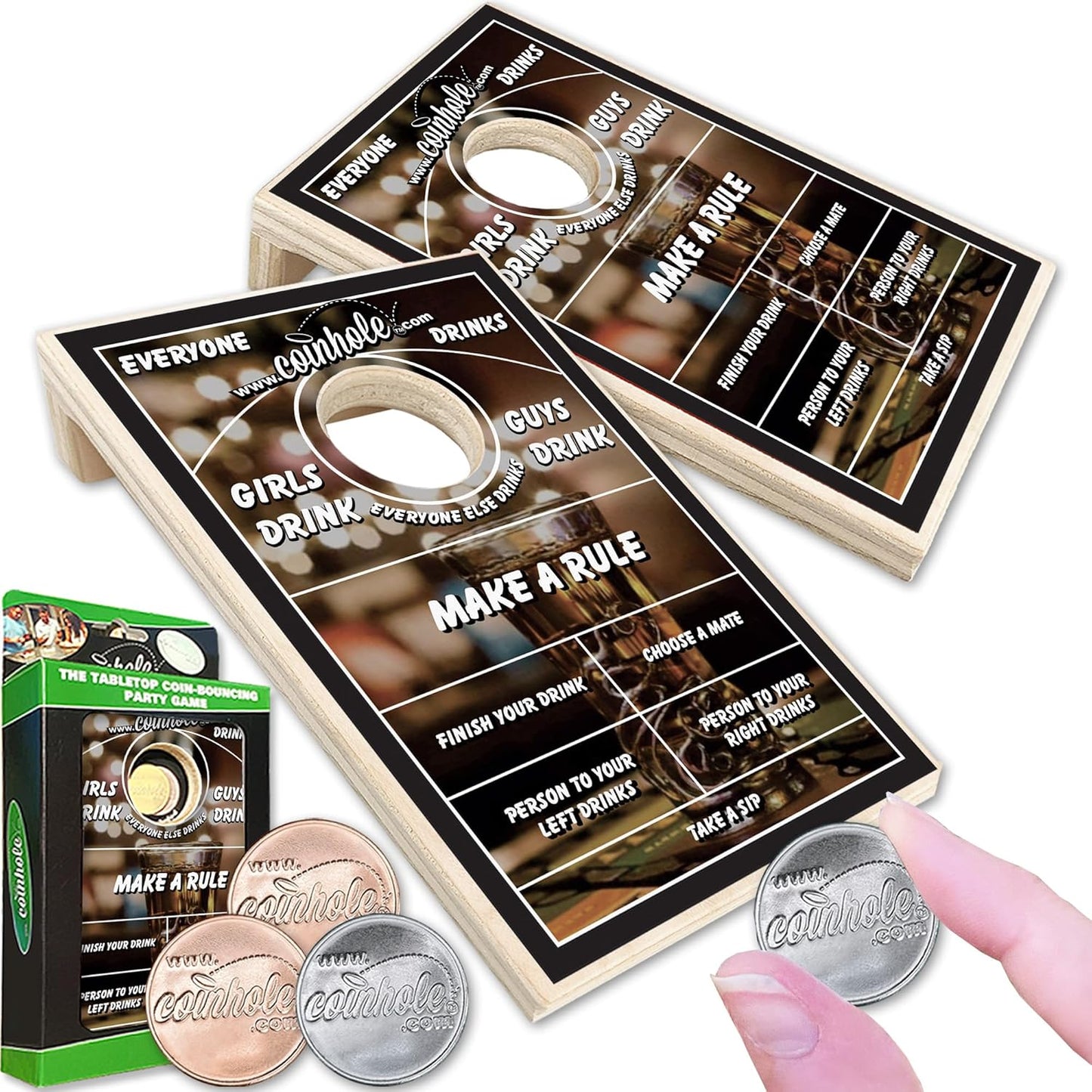 Coinhole Desktop Coin Bouncing Party Game Set | Tabletop Cornhole Board Game | Small Cornhole Travel Game Includes Coins