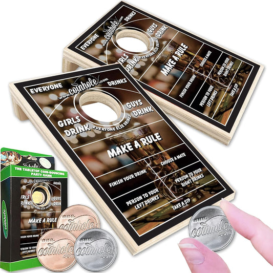 Coinhole Desktop Coin Bouncing Party Game Set | Tabletop Cornhole Board Game | Small Cornhole Travel Game Includes Coins