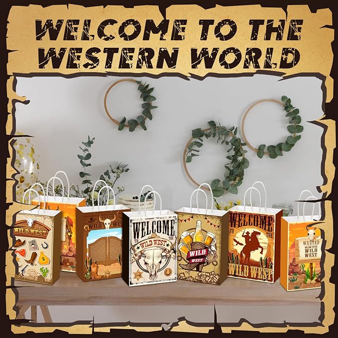 Outus 24 Pcs Cowboy Party Favor Bags Western Cowboy Goodie Candy Bags Paper Rodeo Bag Wild West Gift Treat Pouch‌ with Handles for Cowgirl Birthday Party Supplies