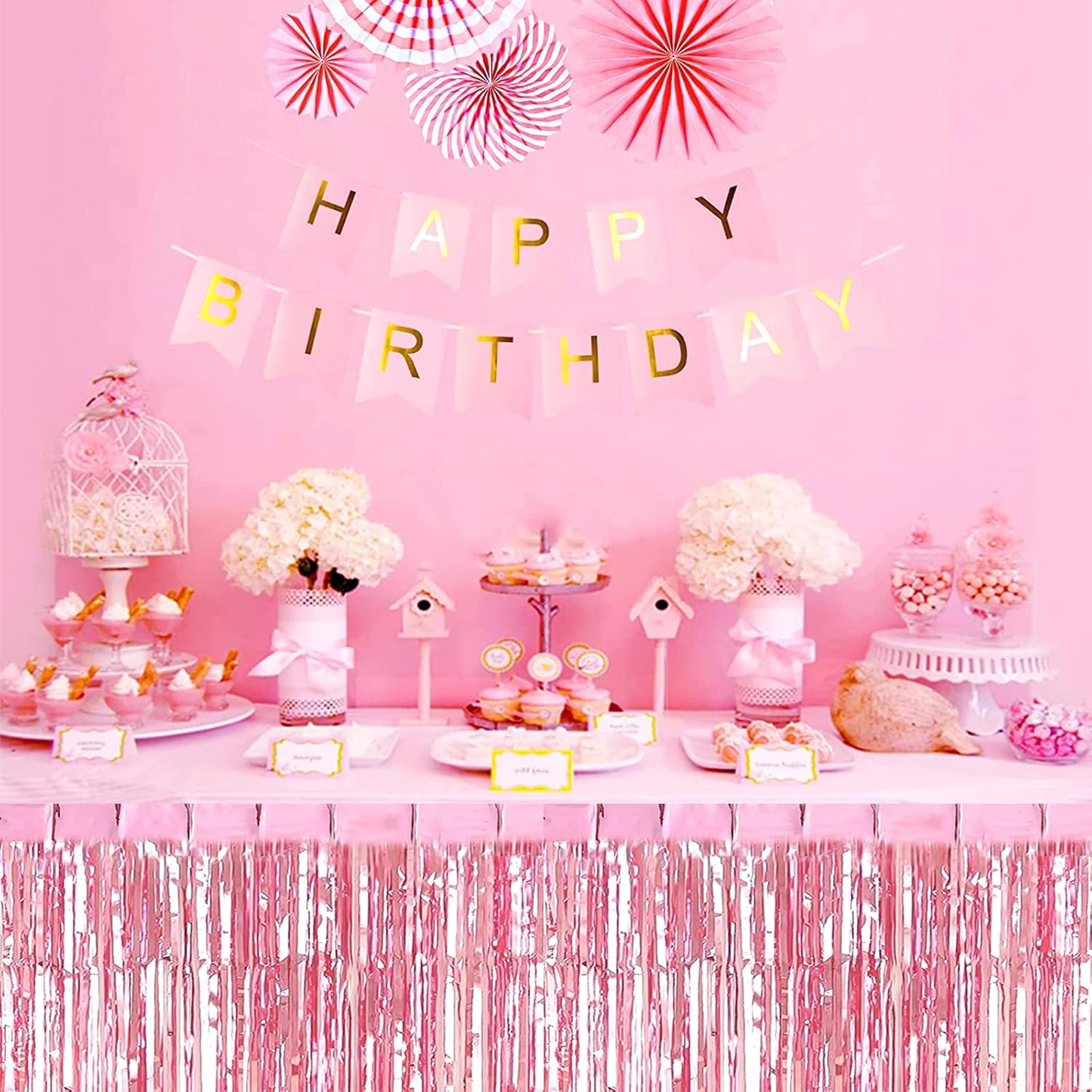6 Pack 29x108 Inch Pink Metallic Foil Fringe Table Skirts Banner for Tinsel Streamer Garland Curtains Backdrop for Parade Floats Wedding Baby Shower Birthday Christmas Halloween Party Decoration