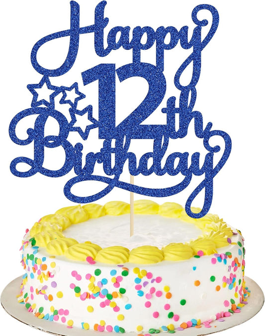 1 Pack Happy 12th Birthday Cake Topper Glitter Heart Star 12 Fabulous Cake Pick Birthday Sign Cake Decorations for Children 12th Birthday Theme Party Supplies Blue