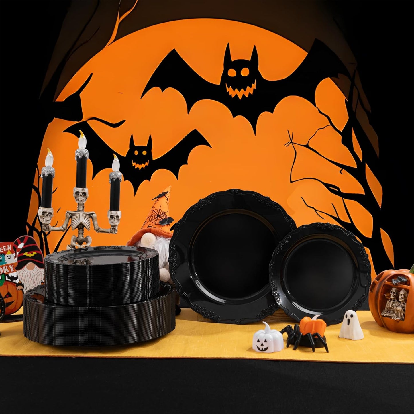 U-QE 100PCS Black Plastic Plates - Heavy Duty Halloween Disposable Plates Including 50PCS 10'' Dinner & 50PCS 7.5'' Dessert Plates - Hard Plastic Plate for Halloween & Party & Wedding