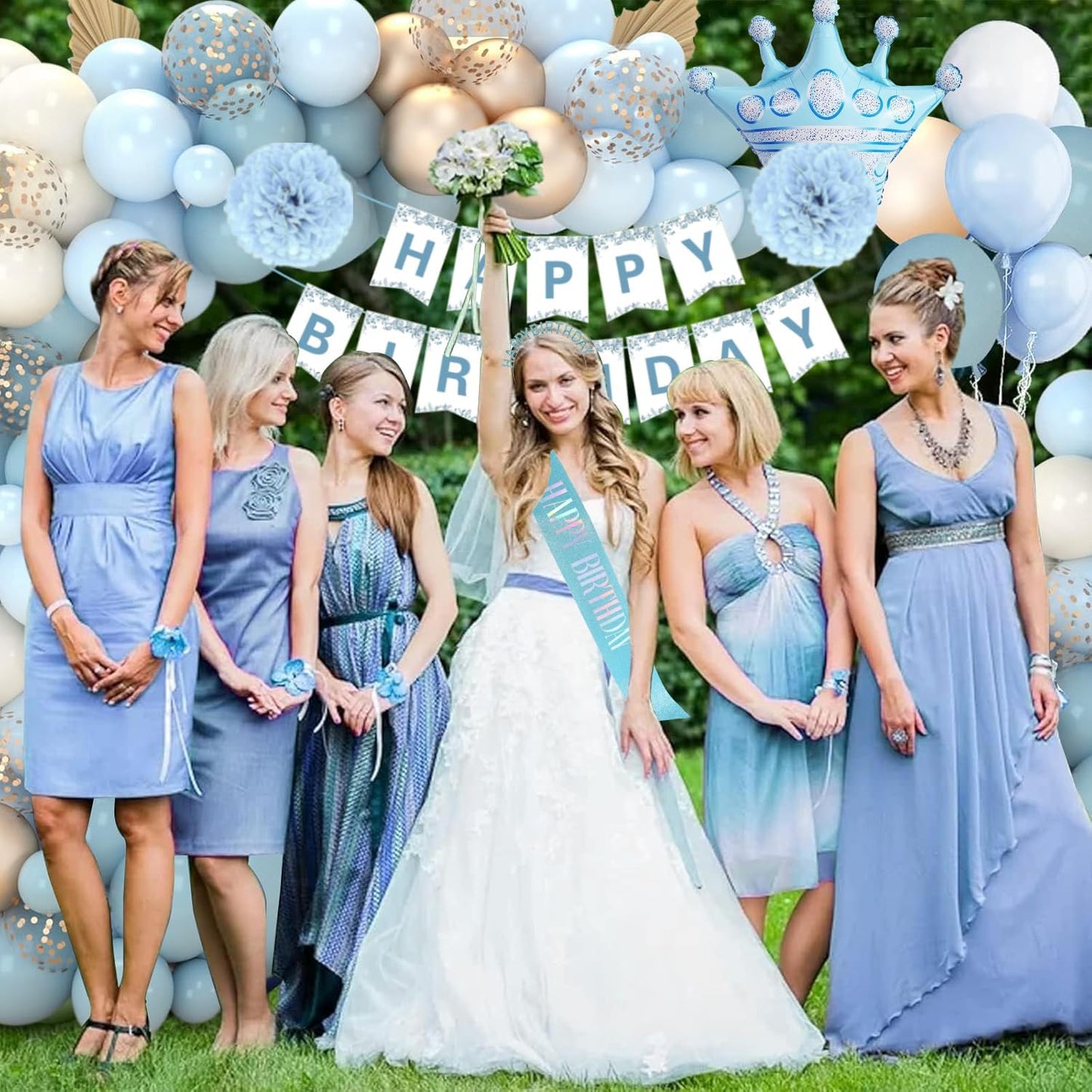 Blue Birthday Decorations, Blue Party Decorations with Happy Birthday Banner Dusty Blue Sand White Gold Balloons Tablecloth Curtain Sash Tiara for Women Girls Princess Light Blue Birthday Decorations