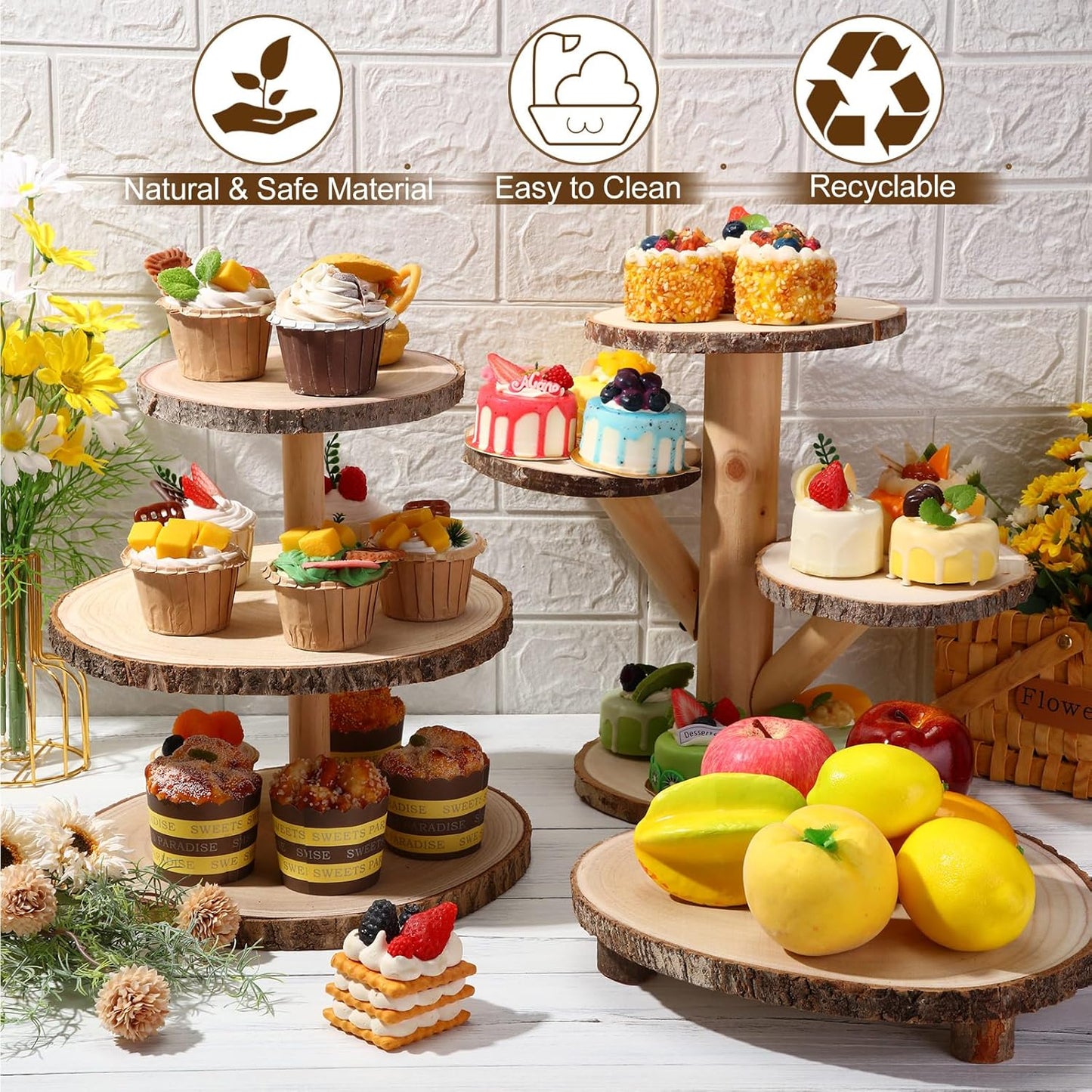 Set of 4 Christmas Rustic Wood Cake Stand Party Dessert Table Display Wooden Cupcake Stands Wedding Cake Stand Topper for Wedding Reception Event
