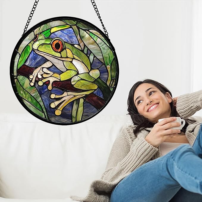 Stained Glass Window Hanging, Teal Frog Sun Catcher for Door Home Decor Green Suncatcher Christmas Mother's Day Birthday Gifts for Women Men Mom and Nana 11.8 in