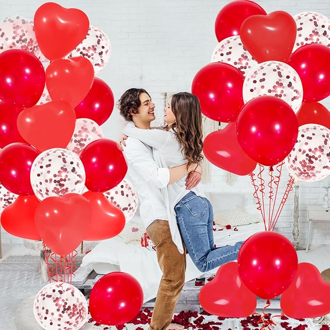Red Balloons, 60 Pack Latex Heart and Confetti Balloons wiht Red Ribbon for Birthday Graduation Baby Shower Valentines Christmas Wedding Party Decorations