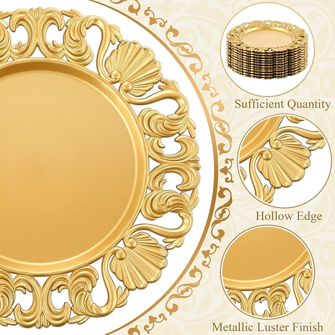 12 Pcs Vintage Gold Charger Plates Bulk 13 Inch Embossed Rim Plastic Round Decorative Plates Charger for Dinner Wedding Party Event Table Setting Decoration (Hollowed out Shell)