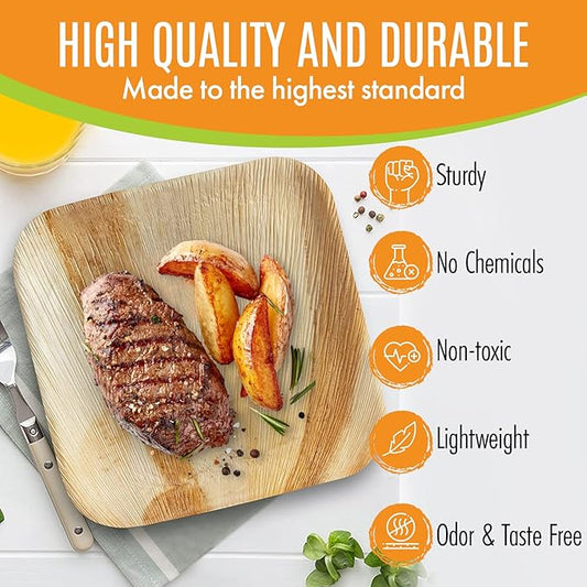 Raj Unique Collection Raj Eco Compostable Palm Leaf Plates Like Bamboo Plate Disposable - 8 Inch Square 100 Party Plates, Natural Wooden, Eco-Friendly, Disposable Dessert Appetizer Plate