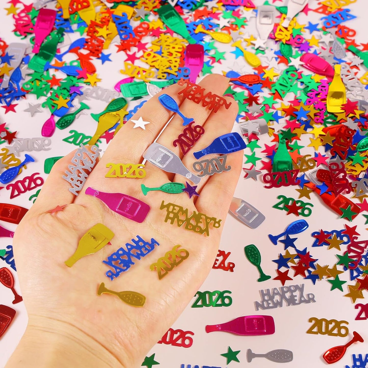 Happy New Year 2026 Confetti, Multicolor Star Wine Bottle Sprinkles Table Scatter Confetti for New Years Eve Decorations