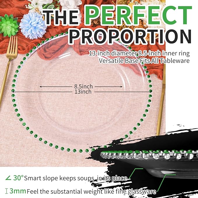 24 Pack Clear Charger Plates Bulk Wedding, 13 Inch Plastic Round Dinner Chargers with Green Beaded Rim, Acrylic Round Decorative Plates for Wedding Party Home and Tabletop Decor (Green)