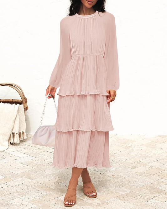 ZESICA Women's 2025 Long Sleeve Crew Neck Ruffle Tiered Layered Chiffon Flowy Swing Long Midi Dress