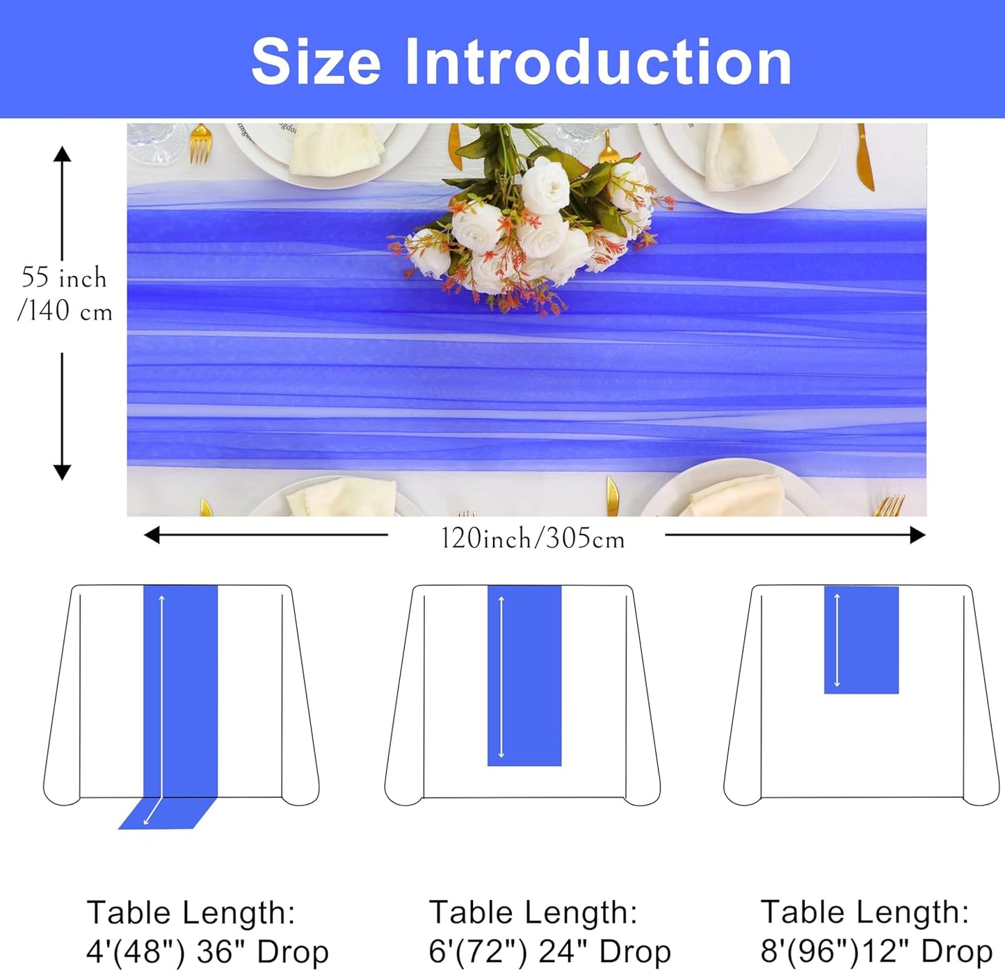Snowkingdom Royal Blue Table Runner, 10FT Blue Tulle Rustic Gauze Cheesecloth Table Decorations, Long Boho Rustic Tulle Fabric Runners for Christmas Wedding Baby Shower Birthday Party Home Decor