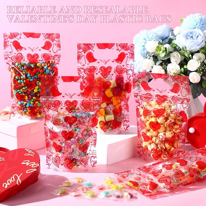 Blosssound 50 Pcs Valentines Day Gift Bags Resealable Love Plastic Bags Valentines Party Favor holder with Handle for Wedding Party Candy Gift Wrapping Supplies Decor (Love)