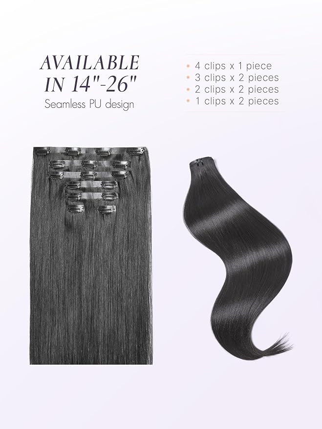 LUVME Clip in Hair Extensions Yaki Straight, Seamless 2 Pack 7PCS 100g, 14 Inch Real Human Hair, Natural Black, Thick Volume for Women Daily Wear & Party
