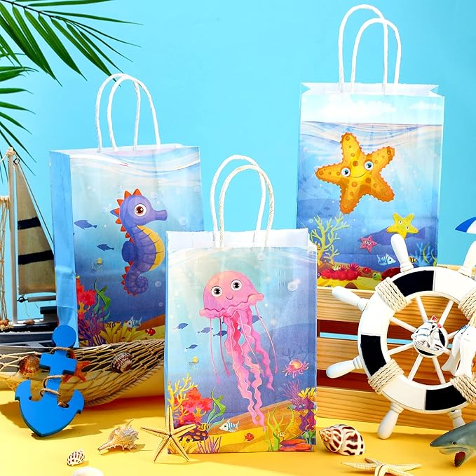 Outus 24 Pcs Under the Sea Party Favor Bags Goodie Ocean Gift Paper Bags with Handles Sea Animal Candy Treat Pouch for Summer Ocean Birthday Party Decorations Baby Shower Supplies