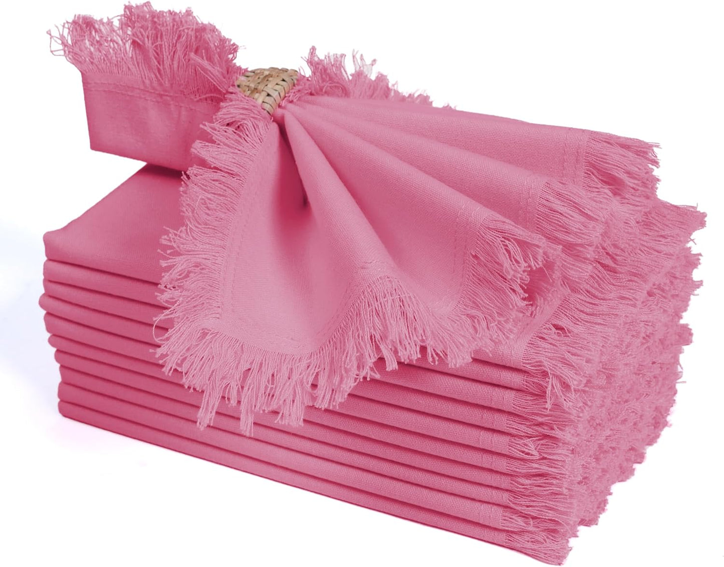 Bedding Craft Cotton Cloth Dinner Napkins Set of 12 – 18x18 Baby Pink with Frayed Selvedge Edges – Reusable Machine Washable Fabric Napkins for Weddings, Baby Showers, Parties & Dining
