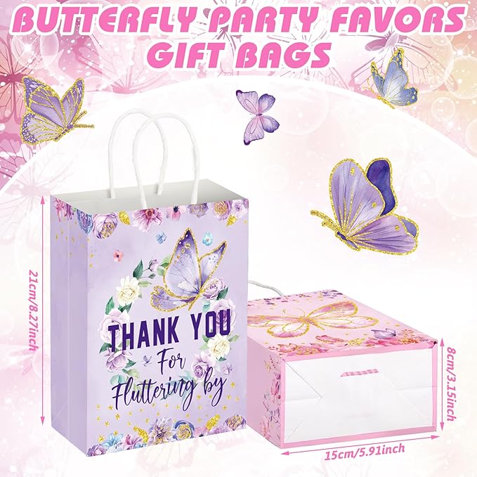 Outus 24 Pcs Butterfly Party Favors Bags Butterfly Goodie Gift Paper Bags with Handles Purple Blue Pink Spring Thank You Candy Treat Tote Pouch for Baby Shower Birthday Party Decoration Supplies