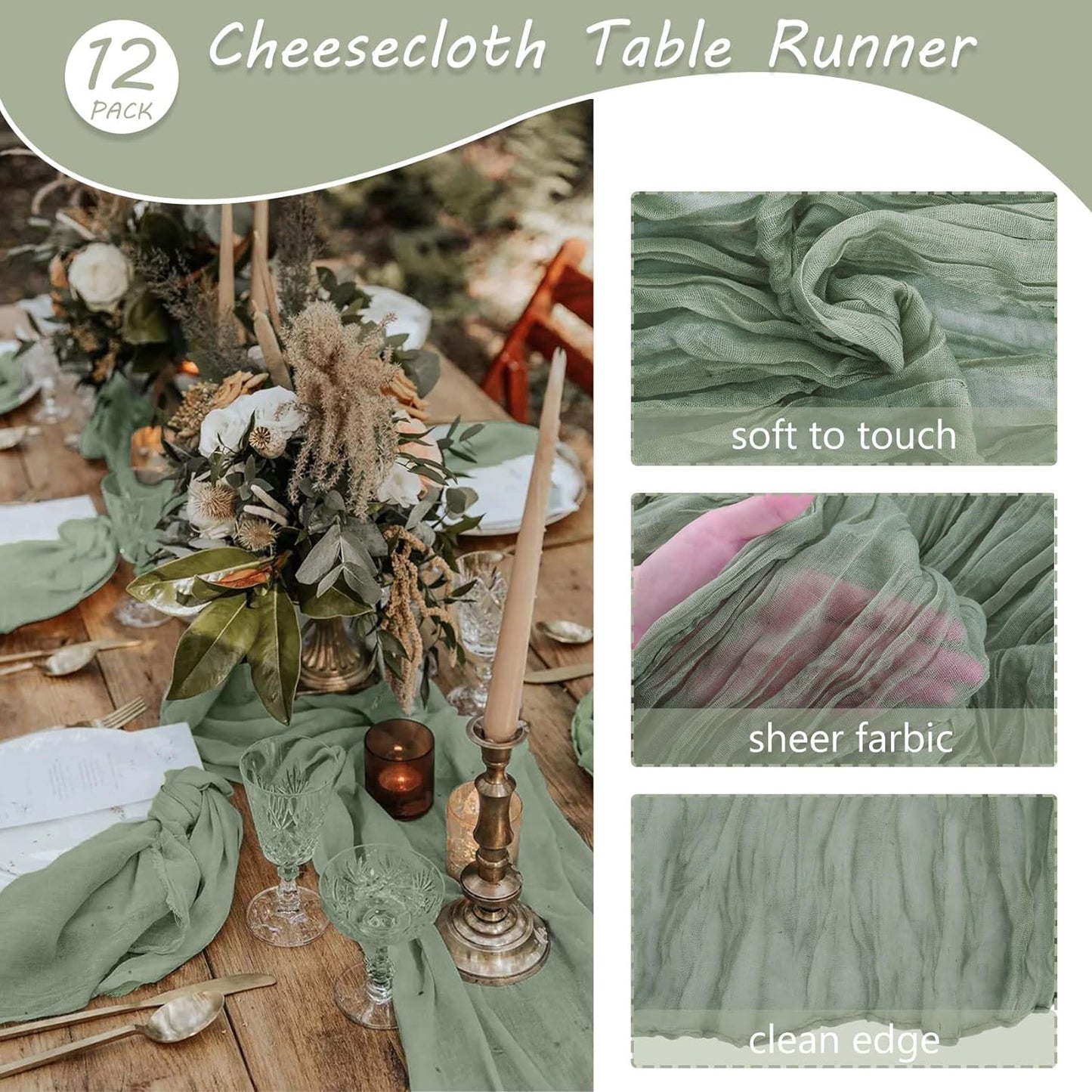 12 Pack Boho Gauze Table Runner - 35x72 Inch Rustic Cheese Cloth Long Table Runner for Wedding, Bridal Shower, Birthday Party Decor (Dusty Sage Green)