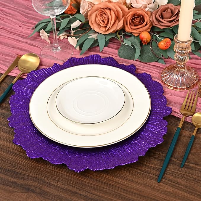 Pesonlook 24Pcs Purple Charger Plates Round 13inch, Reef Plate Chargers for Dinner, Bulk Plastic Floral Table Plates for Dinner Wedding Party Event Table Setting Decoration(Purple)