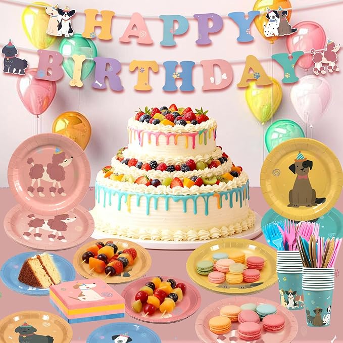 182Pcs Pet Dog Birthday Party Decorations,Retro Puppy Themed Paper Plates Napkins Disposable Pet Dog Tableware Supplies,for Baby Shower Kids Birthday Party Favor,Serve 30 Guests