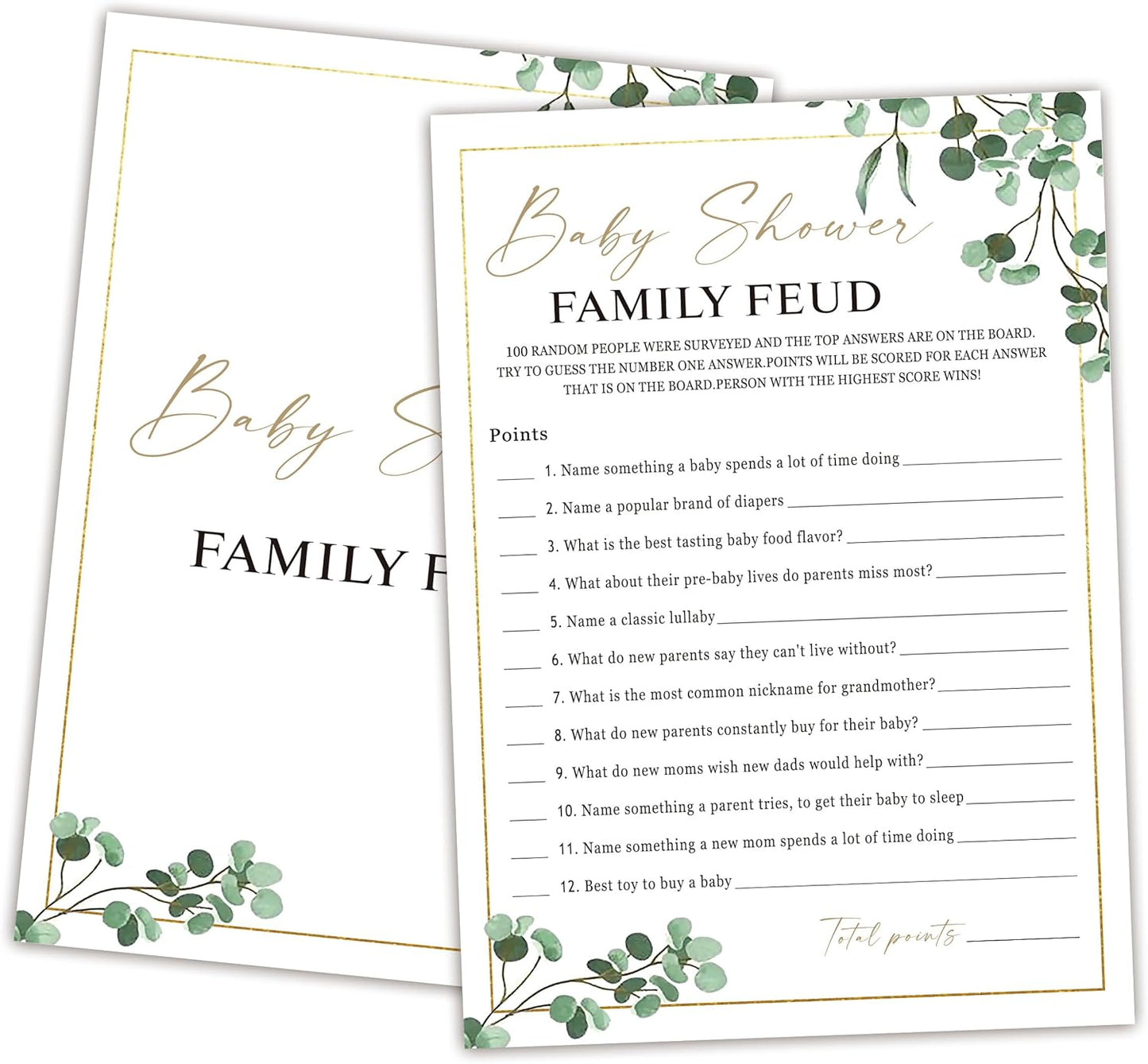 Baby Shower Family Feud Game - Pack of 30 Game Cards 1 Answer Key, Greenery Baby Shower Game for Boy & Girl, Baby Shower Decorations, Baby Feud Game Supplies-04