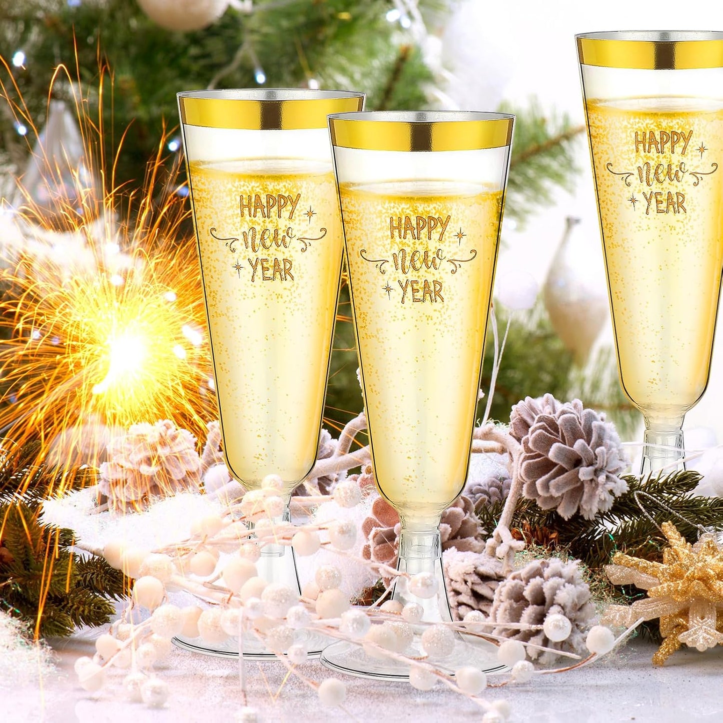 Zhehao 100 Pcs Plastic Champagne Flutes Bulk 5 oz Disposable Happy New Years Wine Glass Gold Rim Champagne Glasses for New Years Eve Toasting Drinking Party Supplies 2026