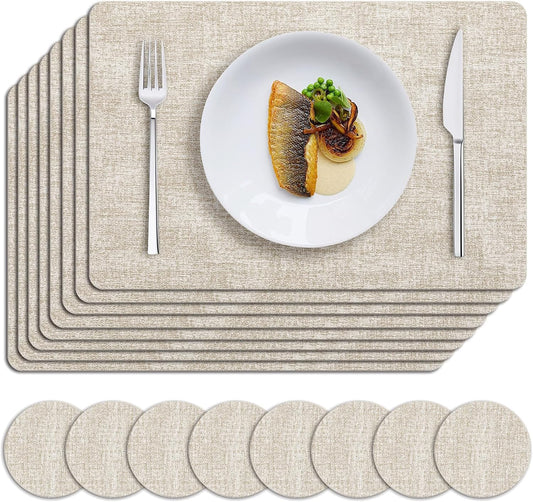 MOSAYT Placemats Set of 8, Heat Resistant Vinyl Place Mats with Coasters, Wipeable Washable 100% Waterproof Oil Proof Faux Leather Table Mats for Kitchen Dining Party Indoor Outdoor, 12" x 18", Beige