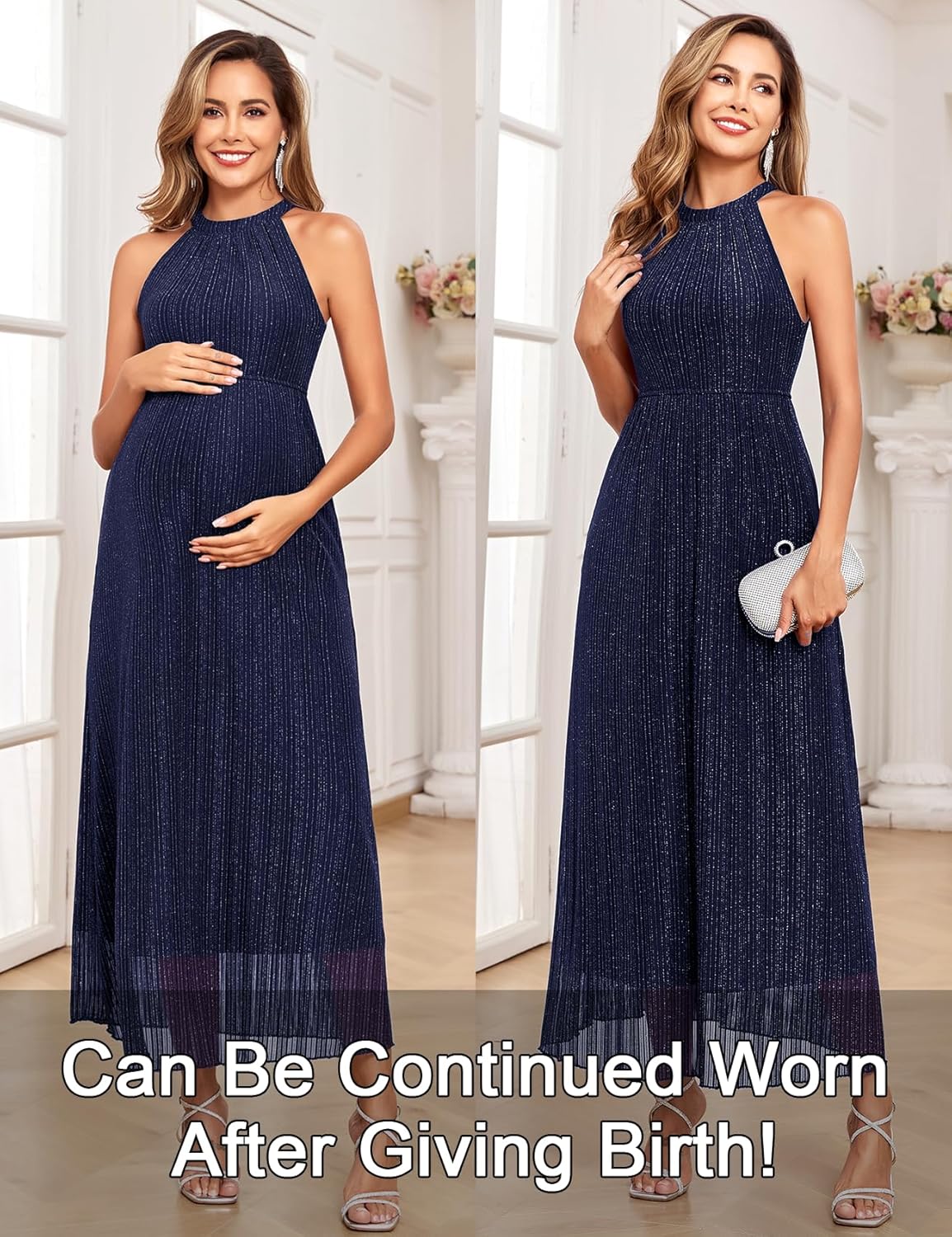 Maternity Sparkly Mesh Dress Halter Neck Sleeveless A Line Pregnancy Dresses Semi Formal Baby Shower Photoshoot