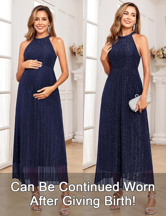 Maternity Sparkly Mesh Dress Halter Neck Sleeveless A Line Pregnancy Dresses Semi Formal Baby Shower Photoshoot