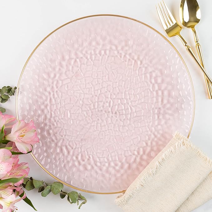 [Pink Hammered With Gold Rim 4 Pack] 13'' Charger Plates Pink Hammered With Gold Rim Plastic Heavy Duty Disposable Dinner Chargers Serveware Dishes Platters Tableware for parties, Weddings
