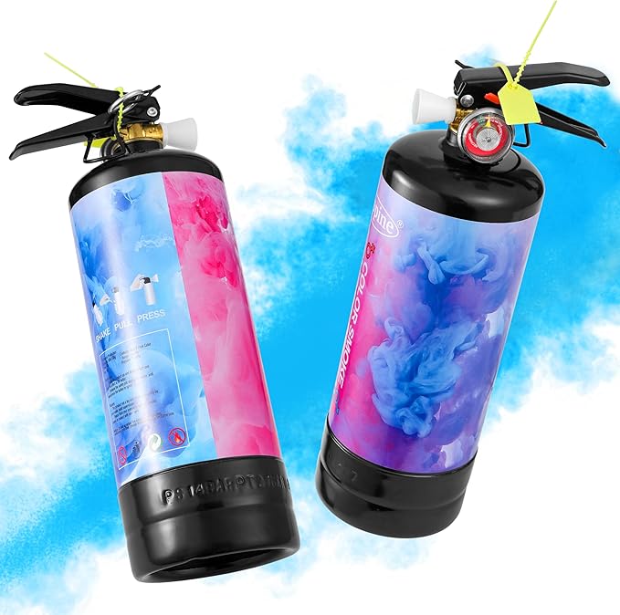Giant Gender Reveal Fire Extinguisher (2 Pack), 2lb Color Powder Cannon Blasts 20+ Feet, Vibrant Blue Smoke Spray with Non-Toxic Cornstarch, Unique Handheld Party Supplies for Outdoor Baby Reveal