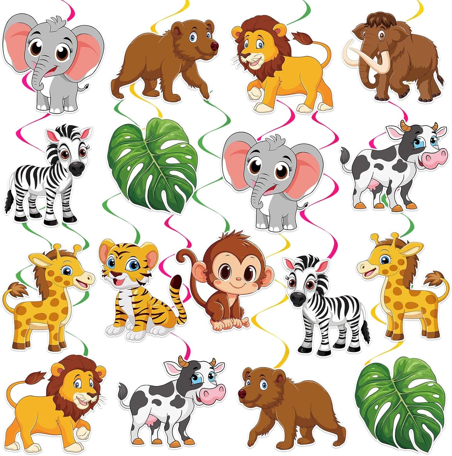 40Pcs Jungle Animal Hanging Swirl Decorations, Safari Animal Party Hanging Swirls Jungle Animals Tiger Lion Monkey Foil Swirls Ceiling Decor for Animals Theme Birthday Baby Shower Party Decor