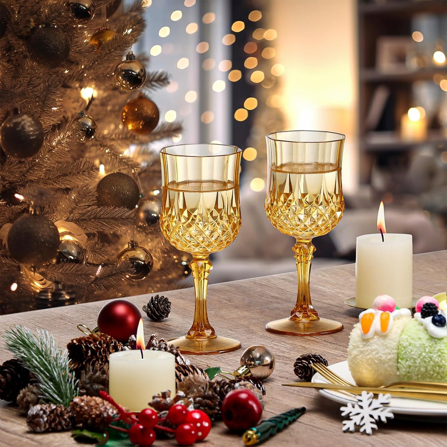 XUWAIDSGN 48 Pcs 7oz Plastic Vintage Wine Glasses Drinking Glasses Unbreakable Wedding Glassware Crystal Water Goblets Reusable Drinkware Vintage Champagne Flutes (48, Amber)