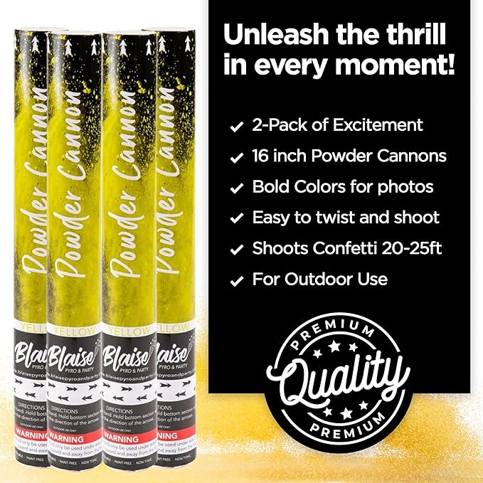 Blaise Pyro & Party - Yellow Powder Poppers - Water-Soluble & Colorful Powder Cannons for Gender Reveals, Birthdays, Weddings & Celebrations - Easy to Use for Memorable Photos - 16-Inch, 4-Pack