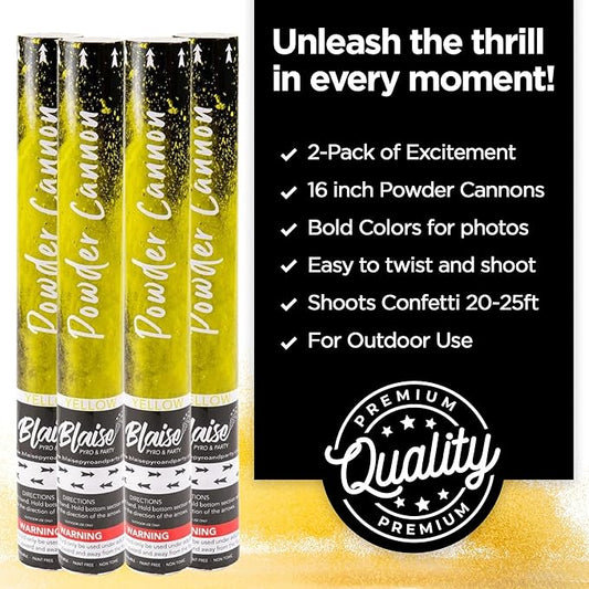 Blaise Pyro & Party - Yellow Powder Poppers - Water-Soluble & Colorful Powder Cannons for Gender Reveals, Birthdays, Weddings & Celebrations - Easy to Use for Memorable Photos - 16-Inch, 4-Pack