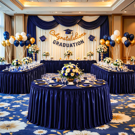 Wish Care 21ft Navy Blue Satin Table Skirt for Rectangle Tables Wrinkle Free Glitter Desk Skirts Pleated Ruffle Table Cloth for Wedding Birthday Baby Shower Party Banquet Buffet Cake Table Decorations
