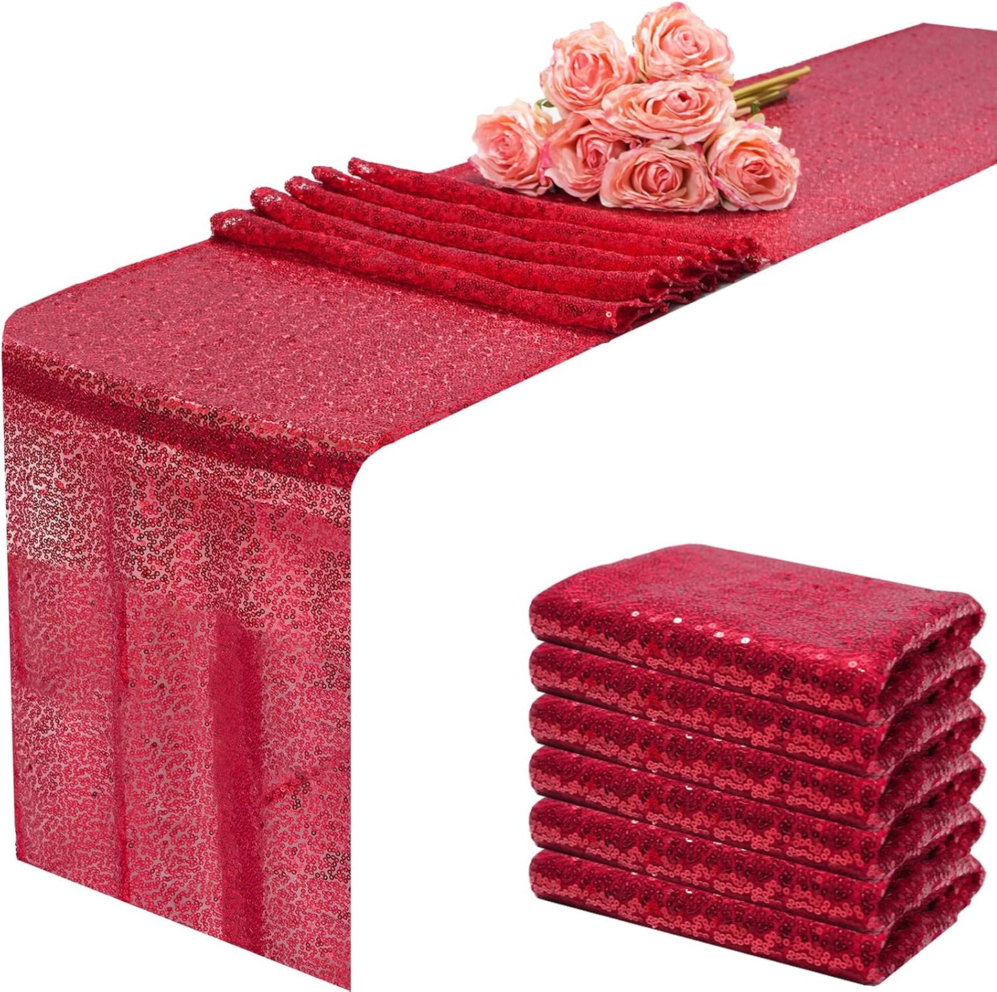 12x108 inch Red Sequin Table Runner Sparkly Glitter Table Linens 6 Packs for Party Decorations Wedding Birthday Baby Shower Engagement Anniversary