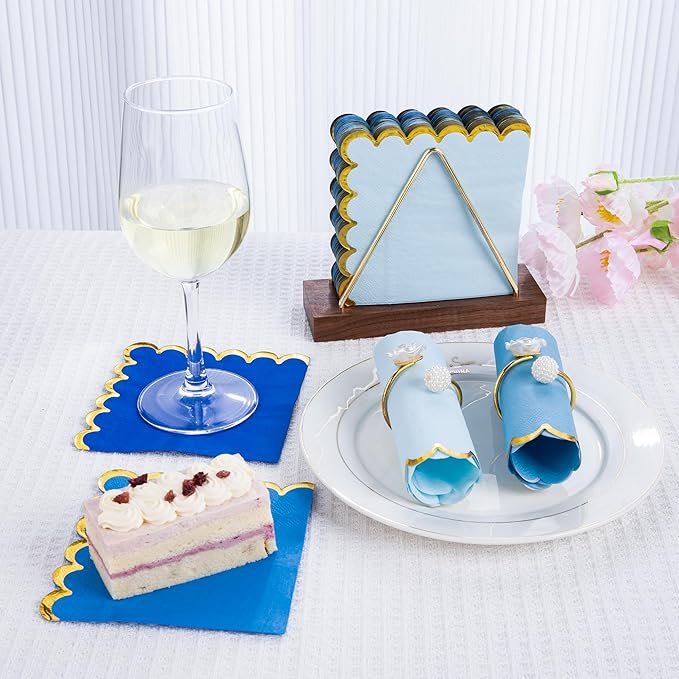 100 Pcs Blue Cocktail Napkins with Gold Foil Scalloped Edges 5 x 5 Inch Dessert Napkins Disposable Thick Paper for Wedding Dinner Birthday Party