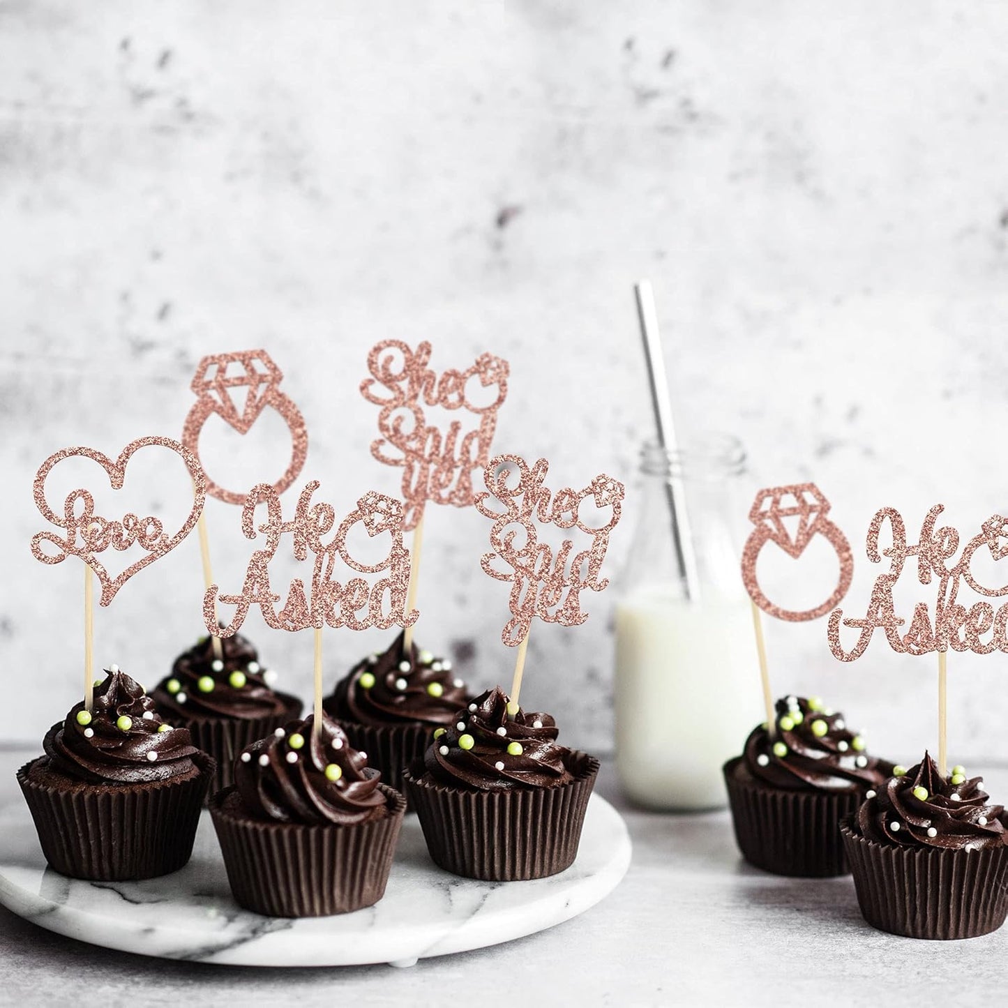Gyufise 24Pcs Rose Gold He Asked She Said Yes Cupcake Toppers Diamond Ring Heart Cake Picks for Wedding Engagement Party Cake Decorations