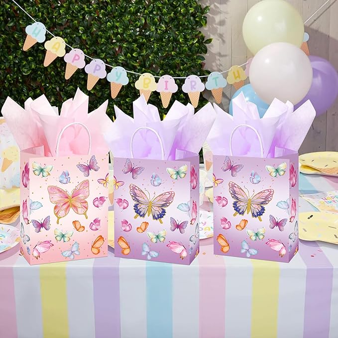 W WINTMING 16 Pcs Butterfly Gift Bags Butterflies Party Favor Bags with Tissue Paper Pink Purple Paper Goodie Bag Birthday Bag for Wedding, Birthday, Party Supplies and Gift (Butterfly)