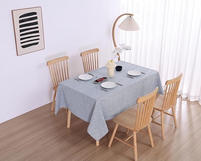 100% French Flax Linen Tablecloths Rectangle 120Lx60W Inch for Dinners, Parties, Easter, Halloween, Camping, Stone Washed, Textured, Machine Washable, 10-12 Sets (60''x120'', Blue Stripe)