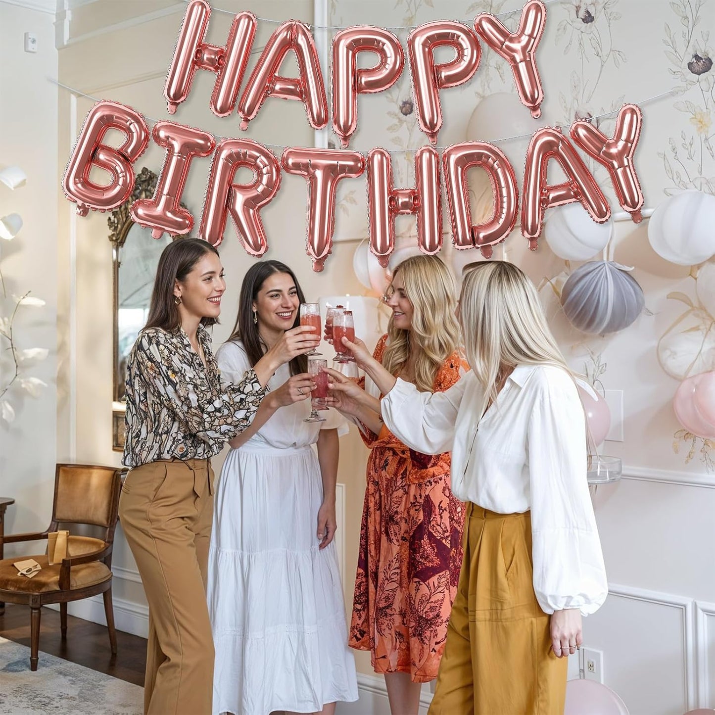 Happy Birthday Banner Balloon Rose Gold, 16 Inch Happy Birthday Mylar Foil Balloon Letters Banner, Self Inflating Birth Balloons Bunting for Girls Women Bday Party Decorations Supplies