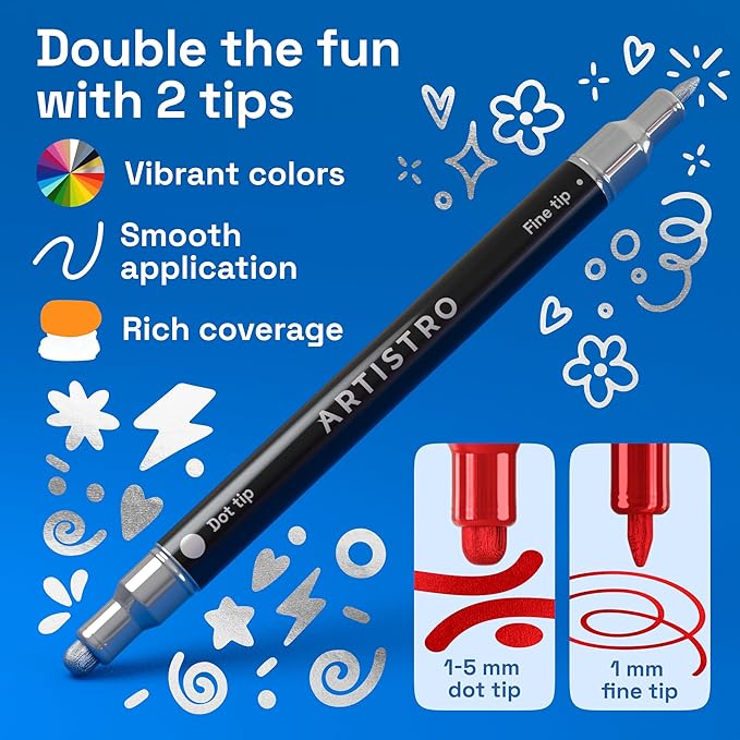 ARTISTRO 36 Metallic Acrylic Paint Markers for Rock, Fabric, Wood, Glass, Decoration - Dual-Tip Paint Pens for Coloring Books for Adults, Teens, Kids - Art and Craft Supplies Kit - Gift Idea