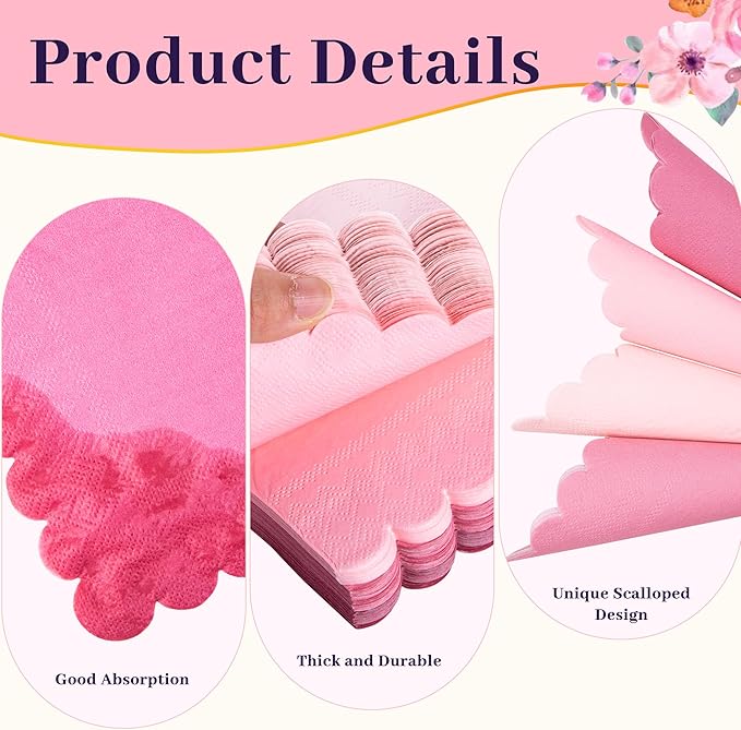 100 Pcs Pink Cocktail Napkins Folded 5 x 5 Scalloped Napkins Gradient Color Beverage Napkins Disposable Dessert Napkins for Birthday Party Supplies Wedding