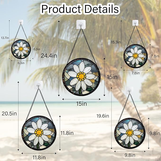 Stained Glass Window Hanging - Yellow White Daisy Birth Flower Suncatcher for Door Garden Yard Sun Catchers Decor Christmas Mother's Day Birthday Gifts for Teacher Women Mom Nana 15 in